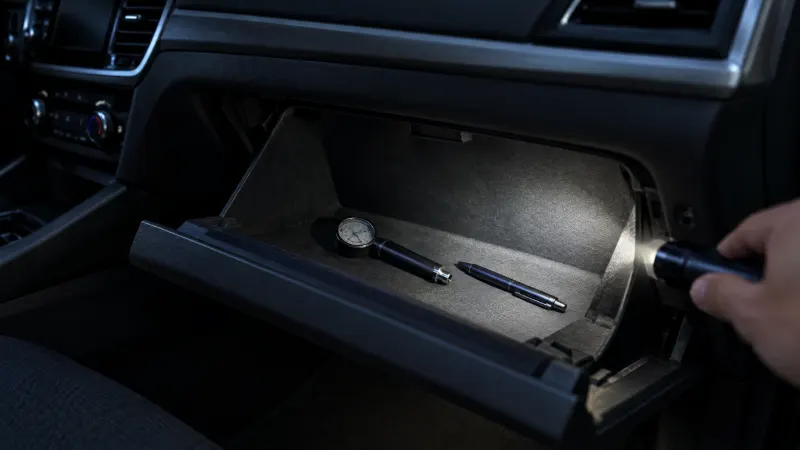 Fahrzeugschein verloren: geöffnetes, leeres Handschuhfach eines Autos
