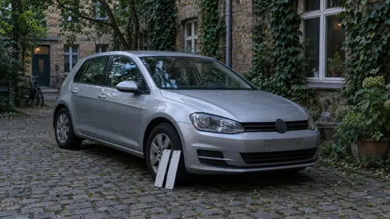 Kfz abmelden: abgestelltes Auto in einer Berliner Hofeinfahrt, daneben zwei abmontierte Kennzeichenschilder
