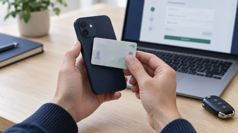 Kfz-Zulassung online: Person hält den Personalausweis an ein Smartphone, um sich mit der Online-Ausweisfunktion auszuweisen