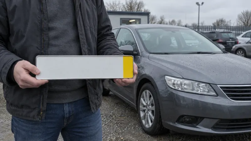 Kurzzeitkennzeichen mit gelbem Streifen für das Ablaufdatum, gehalten neben einem Gebrauchtwagen