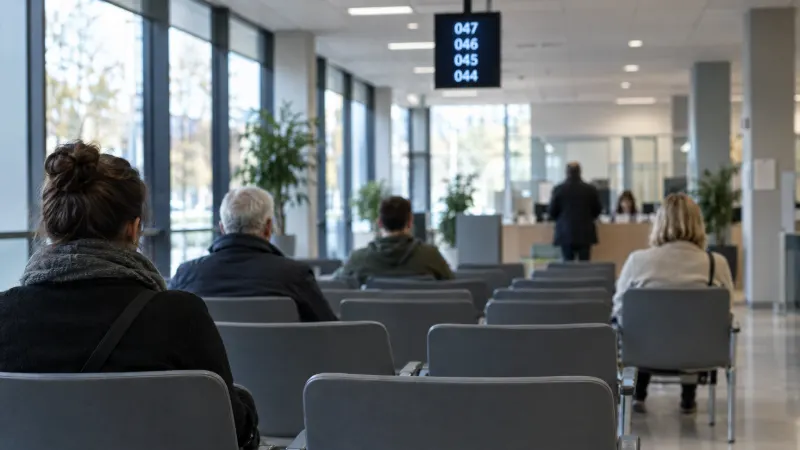 Wartezeit bei der Zulassungsstelle: Wartebereich einer Behörde mit Stuhlreihen und Nummernanzeige