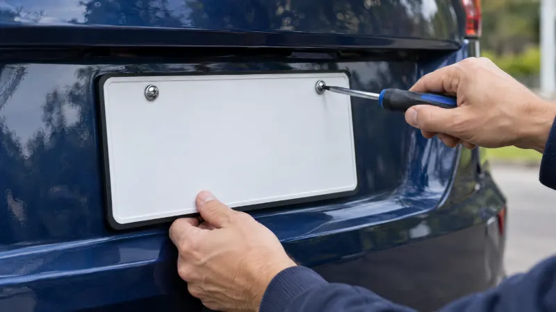 Wunschkennzeichen anbringen: neues Kennzeichenschild ohne Beschriftung an der Heckklappe eines Autos